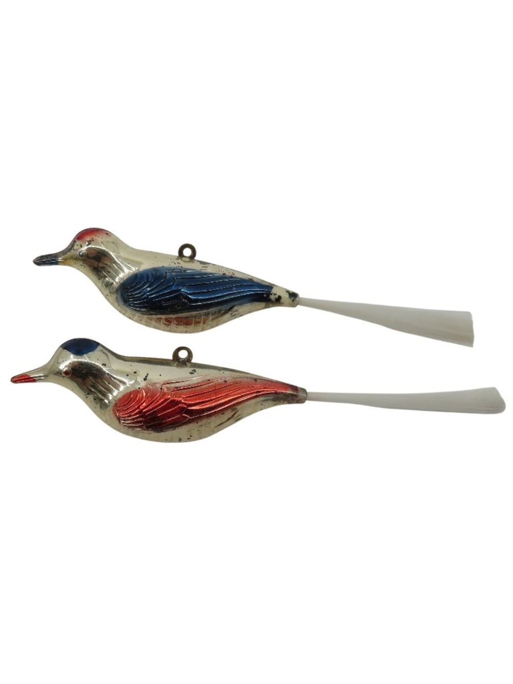 VTG Retro Set of 2 Blue Red Molded Silver Plastic Bird Ornaments Spun Tail Xmas